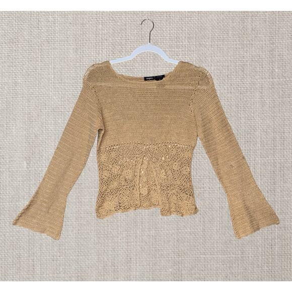Y2K Boho Festival Cottagecore Sz M Brown Floral Crochet Bell Sleeve Sweater Top - Picture 1 of 7